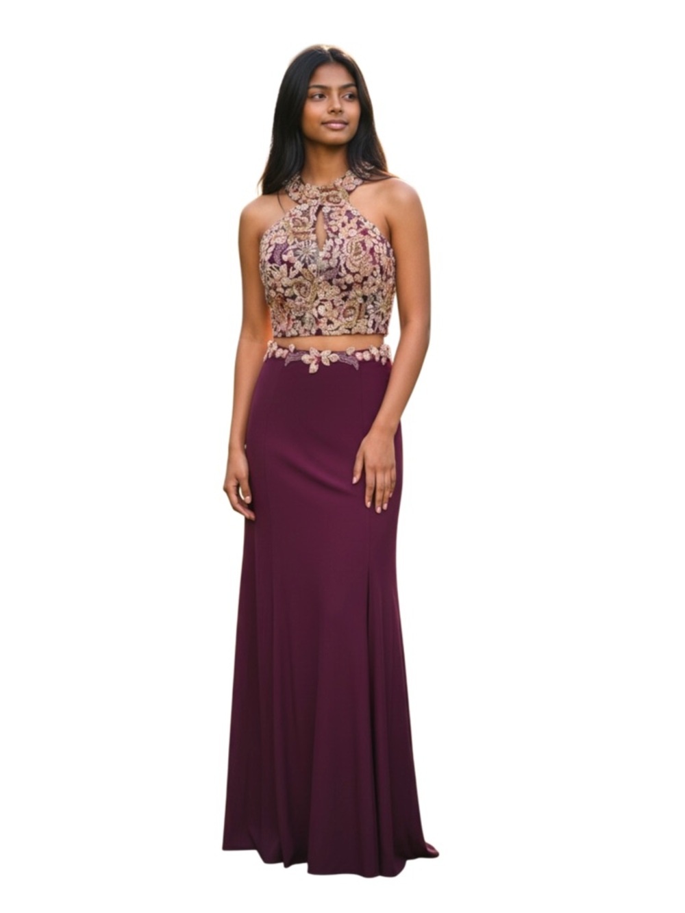 BA Nites Burgundy 2 Piece Formal Floor Length Hi-Slit Skirt Embroidered Top (2)
